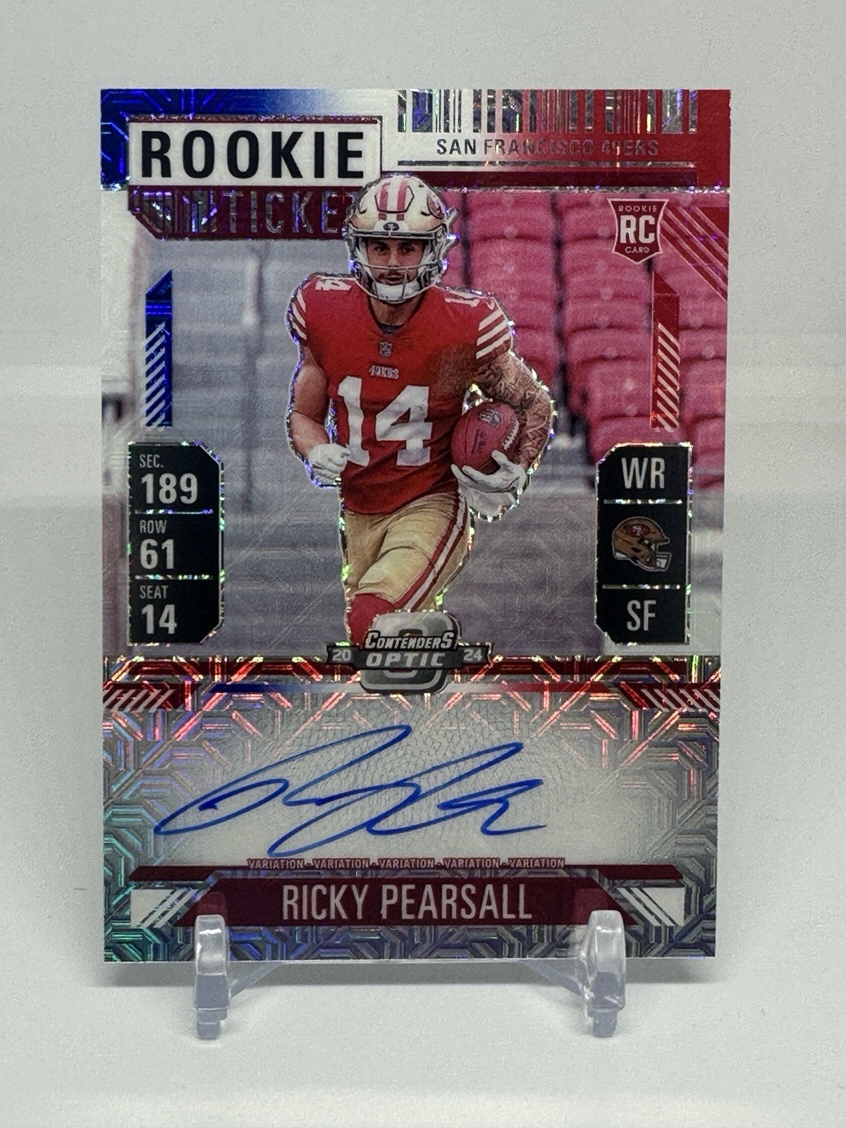 2024 Contenders Optic Ricky Pearsall Rookie Ticket Auto /13 Red White Blue Prizm