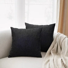 Black Throw Pillow Covers 18x18 Set of 2 Solid Decorative Cushion Cases Linen...