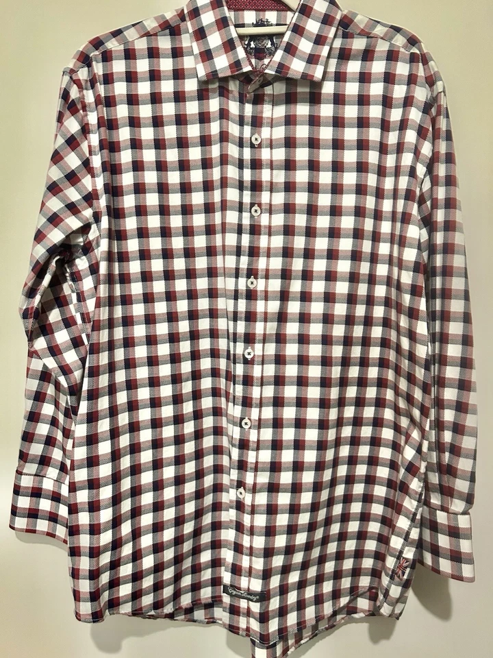 Camisa de vestir para hombre ENGLISH LAUNDRY blanca/azul/roja a cuadros con botones talla 16,5/33 Foto 2 de 4