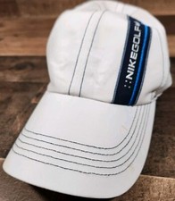 Nike Golf Strapback Hat Cap White Vertical Stripe Spell Out Light Stains