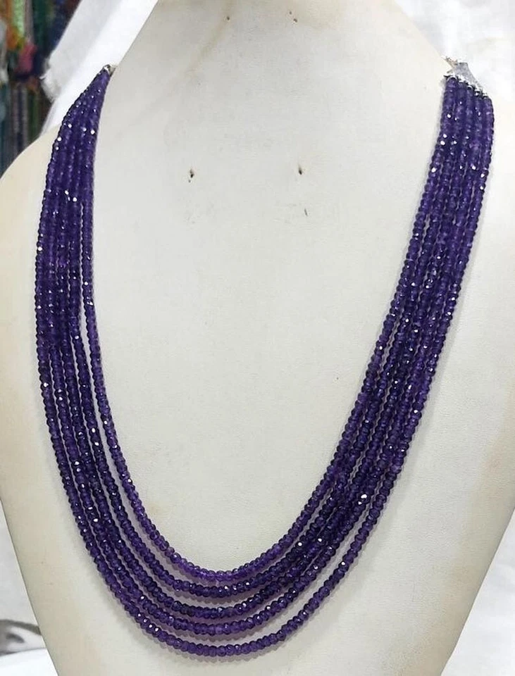 Natural 3-4MM Amethyst 5 Strand Faceted  Rondelle Gemstone Beaded Necklaces 18'' - Image 3 of 4