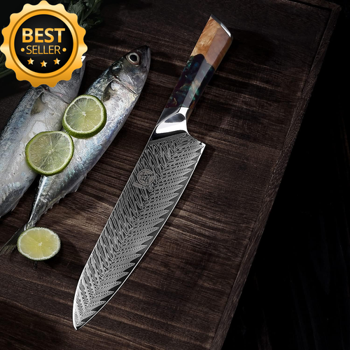 21Cm Japanese Damascus Chef Knife, VG-10 Hand-Forged, Nanmu Handle, Wooden Box - Picture 2 of 12