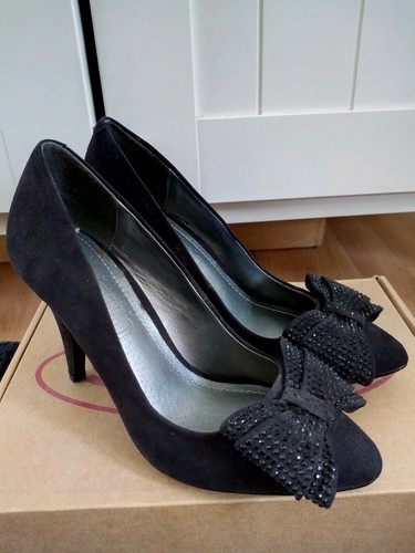 SCHUH BLACK Court Faux Suede Bow Diamante EVENING Stiletto Party Evening UK 3 - Picture 4 of 8