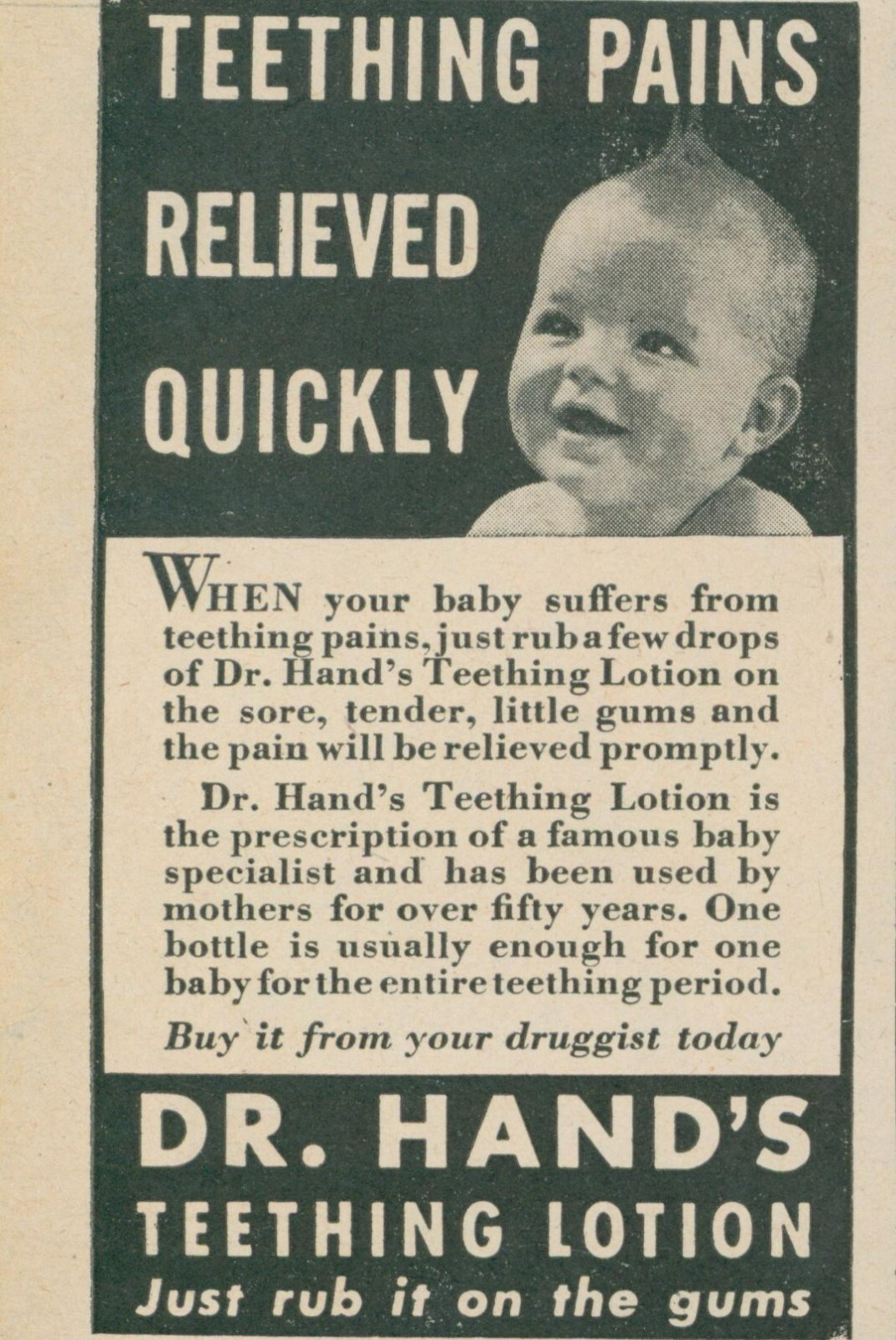 1945 Vintage Dr Hands Teething Lotion Ad Baby Pain Relief Fast L21