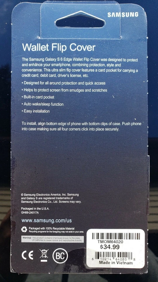 New Original Samsung Galaxy S6 Edge Wallet Flip Sapphire Blue Cover Case - USA - Image 2 of 2