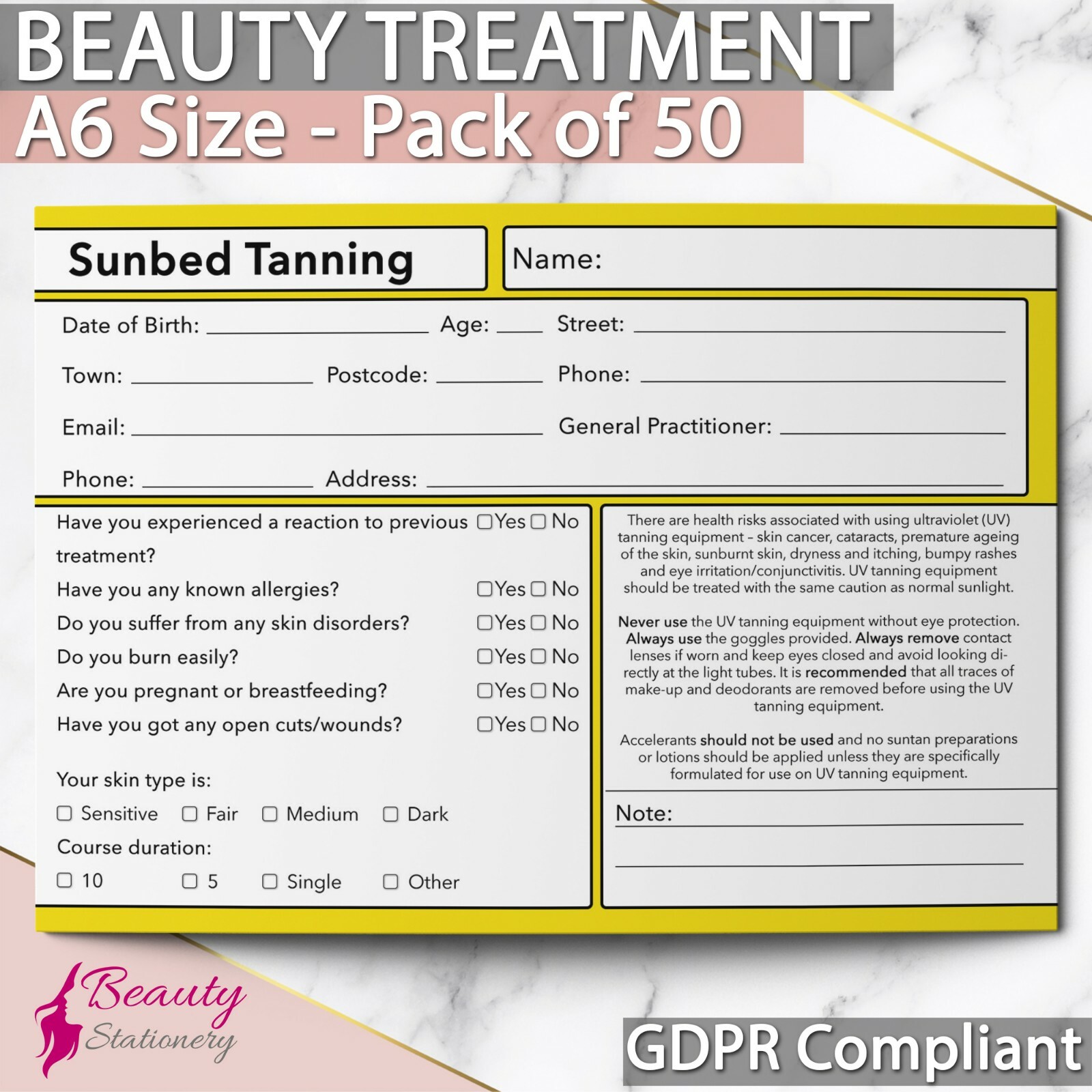 Sunbed Tanning Client Record Card GDPR Compliant Consultation Beauty x50