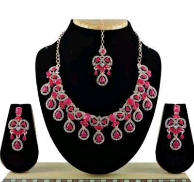 Ruby Indian Bollywood Style Rose Gold Plated Wedding Wear Choker Jewelry Set New