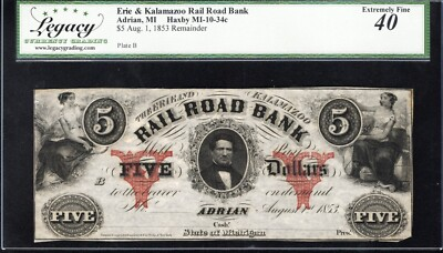 #ad #ad ⭐⭐ 1853 $5 ERIE amp; KALAMAZOO RAILROAD BANK ADRIAN MI OBSOLETE LEGACY 40 03760 $74.95