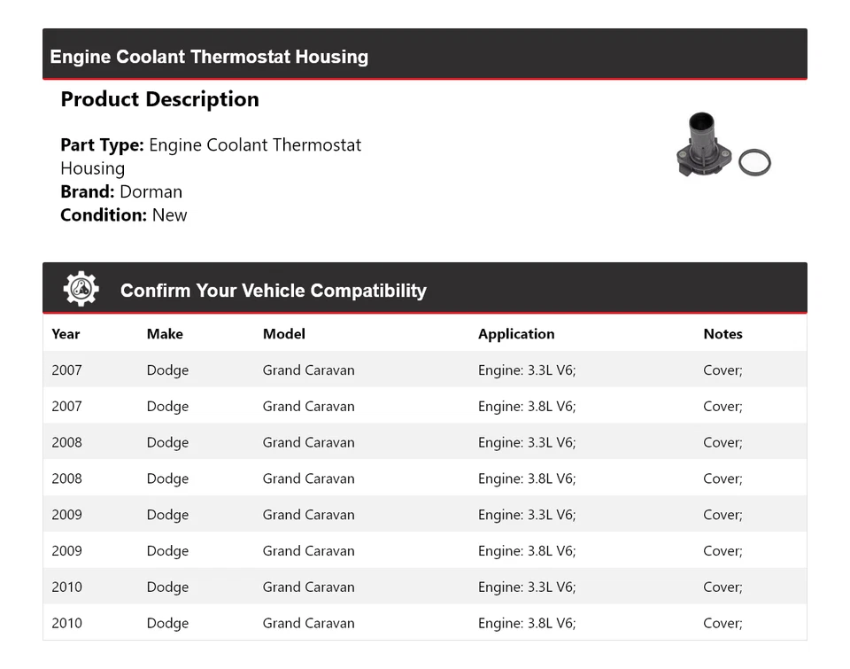 Carcasa termostato refrigerante motor Dorman 2008 Dodge Grand Caravan 2007-2010 Foto 2 de 4