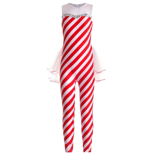 Kids Girls Candy Cane Striped Jumpsuit Bodysuit Christmas Performance Costume - Picture 15 of 35