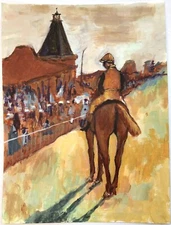 Original Painting on Paper After Degas Racing Horse Scene Impressionism 9x12