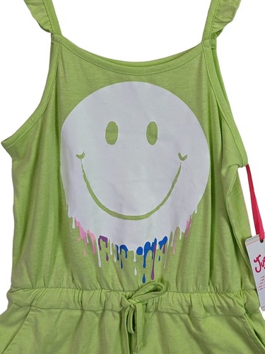 Justice Girls size L 12 14 Neon Lime Green Smiley Face Pockets Romper Jumpsuit - Picture 2 of 10