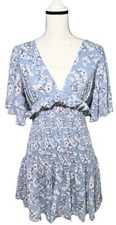 She + Sky Floral Boho Summer Mini Dress Womens M Open Back Stretchy Ruffles Blue