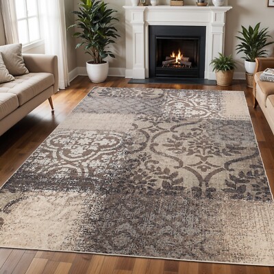 Bristol Distressed Abstract Damask Washable Indoor Area Rug or Runner Rug