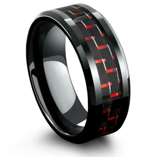 Herren 8 mm Titan Schwarz Rot/Grün/Blau Kohlefaser Komfort Passform Ehering - Bild 6 von 42