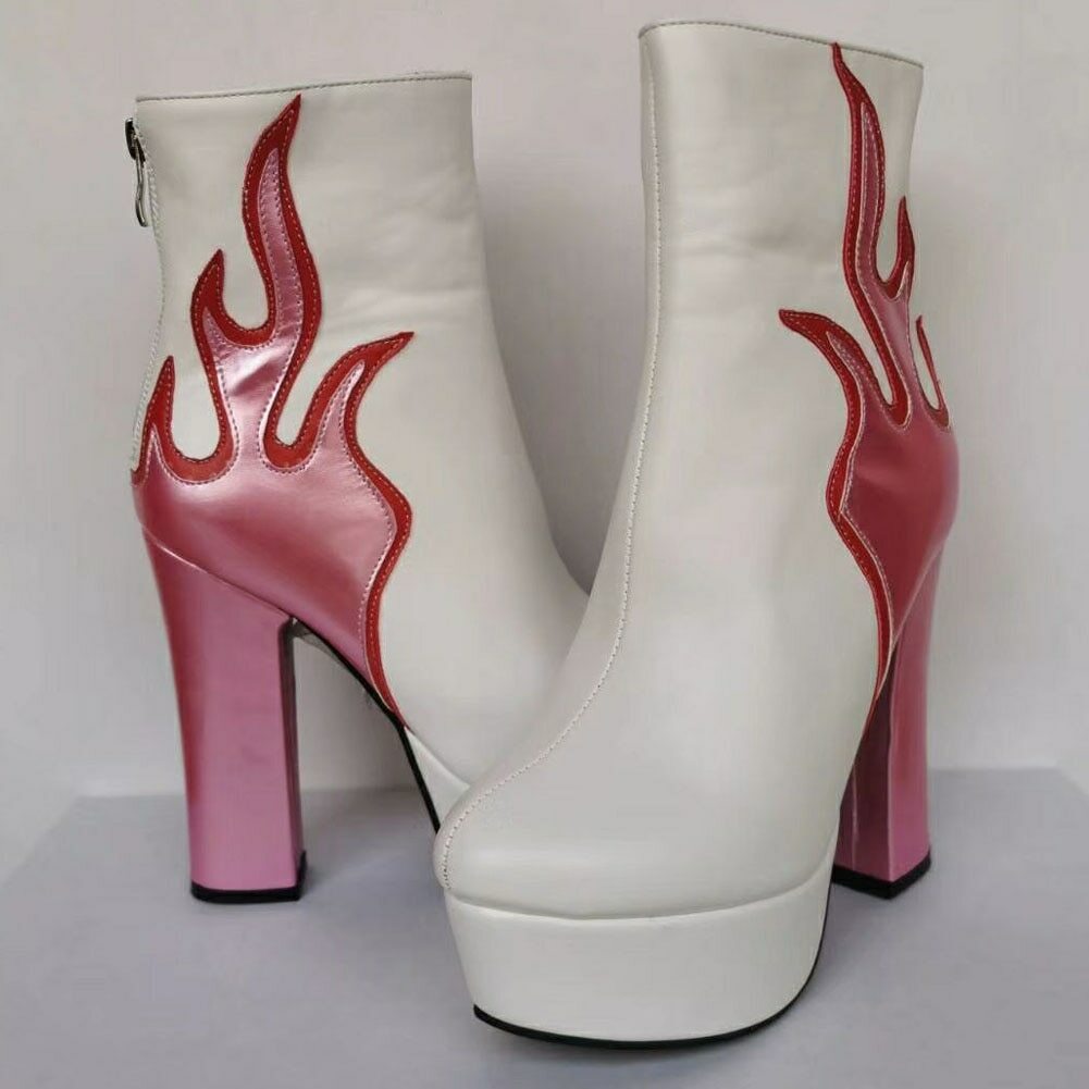 Pink Platform Boots Women 70s Rock Disco Party Mid Heel Faux