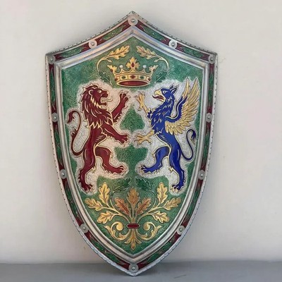 Medieval Etched Heraldic Lion Steel Shield | Painted Coat of Arms Knight Wall De