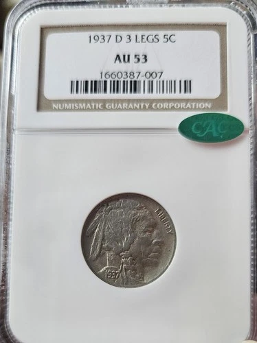 1937 D Buffalo Nickel 3 Legs NGC AU 53 CAC Cert# 1660387-007