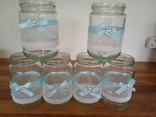 6 DECORATED GLASS VASES JARS WEDDING BABY SHOWER CHRISTENING BIRTHDAY TABLE