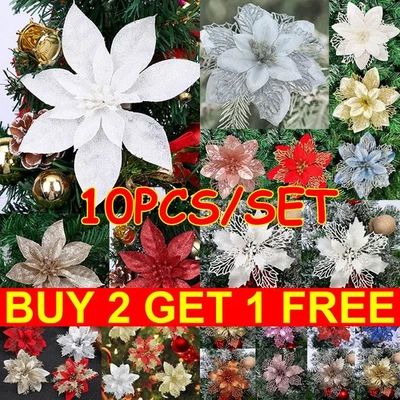 5A-STAR 10X Christmas Large Poinsettia Glitter Flower Tree Hanging Party Xmas Decor UK
