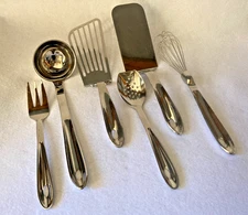 All Clad Stainless Utensil 6 Pc Lot  Spatulas  Whisk  Ladle  Pierced Spoon  Fork
