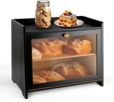 Double Layer Bamboo Bread Box W/ Acrylic Window Bread Holder,Kitchen Countertop