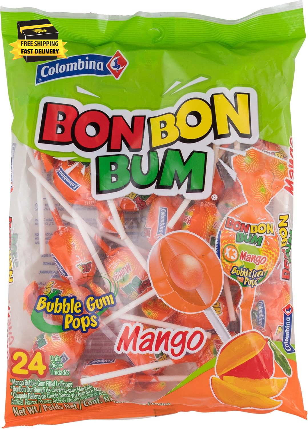 Piruletas Bon Bon Bum con centro de goma burbuja, sabor mango, envueltas individualmente, I
