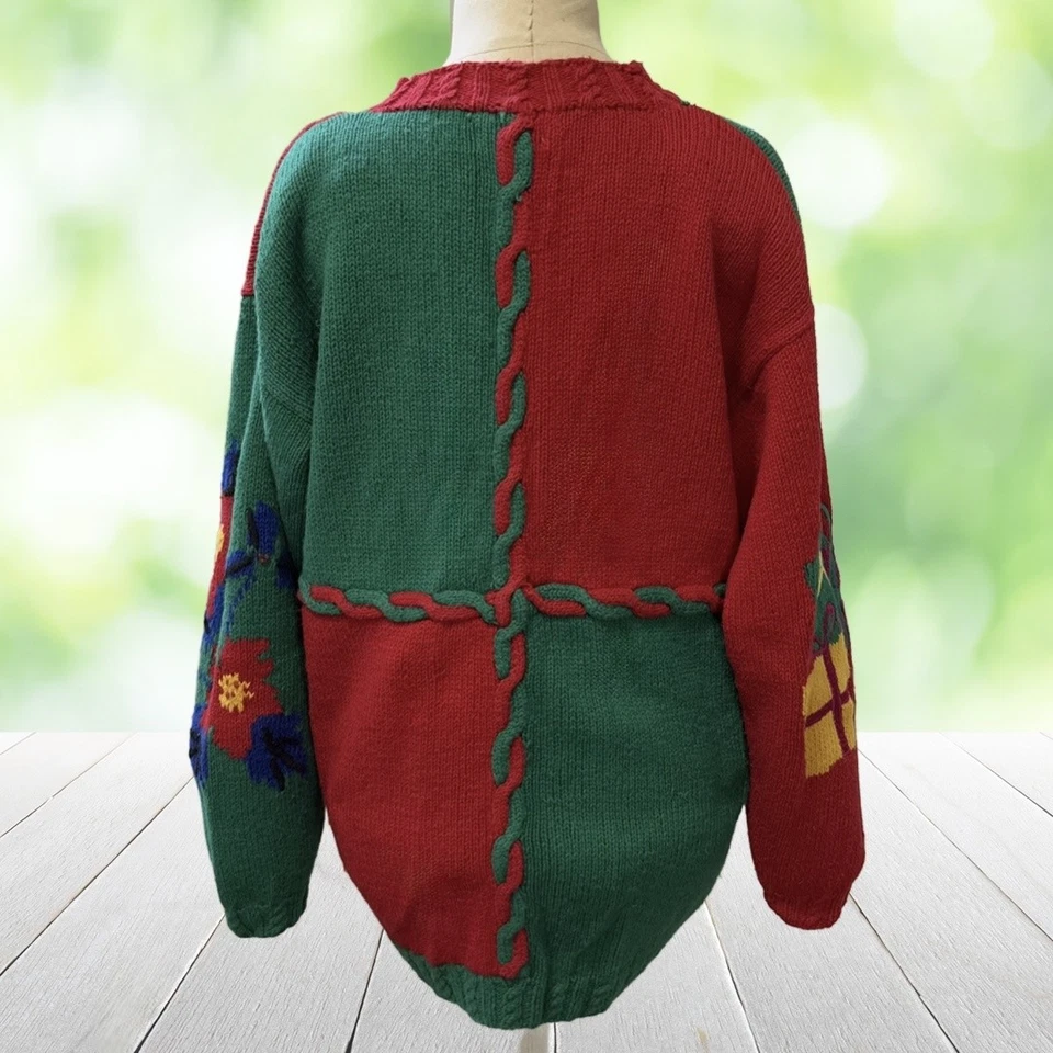 Vintage IZOD Christmas Sweater Women 2X Hand Knit Red Green Intarsia Holiday 80s - Image 2 of 4
