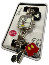 Disney Mickey Mouse Mop Dial Watch Silver Tone Charm Bracelet New Battery