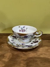 UCAGCO Hand Painted Japan Cup and Saucer Set Purple White Flowers - Pre-Owned