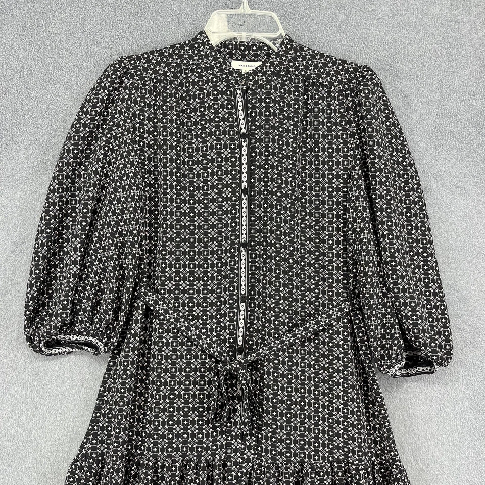 Max Studio Dress Womens Small Black Midi Tiered Puff Sleeve Tie Waist A905C3 - Image 2 of 4