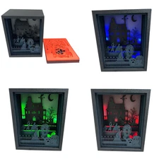 3D Printed Shadow Box Diorama Haunted House Mansion Red Green Blue Lights 6.5x8