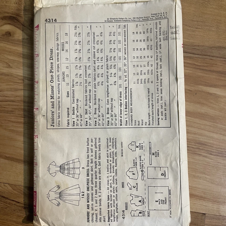 SIMPLICITY 4314 Vintage Pattern Juniors' Misses' One-Piece Dress Sz 18 Bust 38 - Image 2 of 2