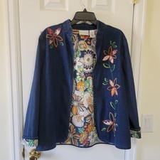 Alfred Dunner Womens Blue Denim Floral Embroidered Open Front Jacket Size 16