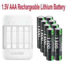 8 Pack 1.5V AAA 1300mWh Rechargeable Lithium Battery  USB-C Smart Charger