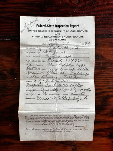 1948 Federal State Inspection Report USDA Mimosa Brand Potates Cheriton VA ESVA