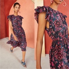 Ulla Johnson Arlene Midi Dress Midnight Floral Navy Pink Size 2 Cinchable Waist