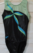 GK Elite Leotard Shimmer Metallic Black Green Blue Gymnastics Girls Childs L CL