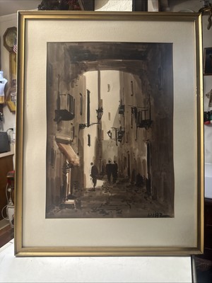 STREET SCENE  MALLORCA IN THE AFTERNOON WATERCOLOUR PAINTING SIGNED  DIAZ