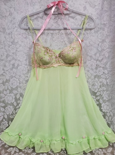 Y2K VTG DELiCATES GREEN CHiFFON FAiRY BUSTiER BABYDOLL SLiP EMBROiDERED ROSES L - Picture 17 of 21