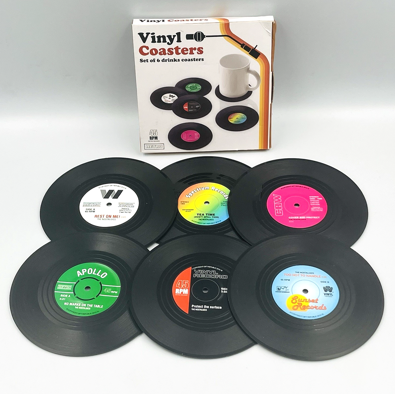 Gift Republic Retro Vinyl Record Coasters Set of 6 45RPM Drinks Mats Boxed