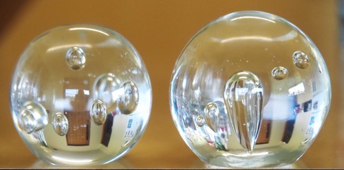 Pair of Clear Glass Ball Paperweights Hand Blown with Controlled Bubbles