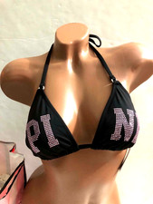 Victoria's Secret Rosa Negro Bling Rosa Logo Triángulo Cuerda Bikini Top de Natación Nuevo con Etiquetas