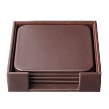 Chocolate Brown Genuine Leather 4" Round Coaster Set w/ Holder - 4 Pk