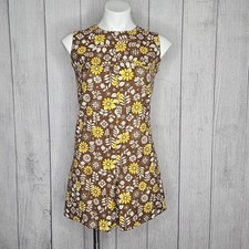 VTG 60s Handmade Brown Yellow White Flower Print Playsuit Romper, sz Small