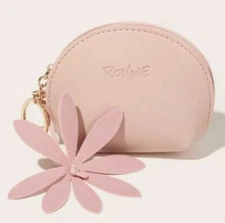 Romwe Pink Zippered Coin Purse Pouch w/ Hanging Fabric Flower Key Chain NEW