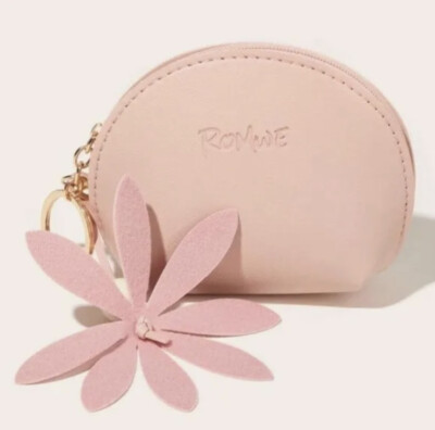 Romwe Pink Zippered Coin Purse Pouch w/ Hanging Fabric Flower Key Chain NEW 