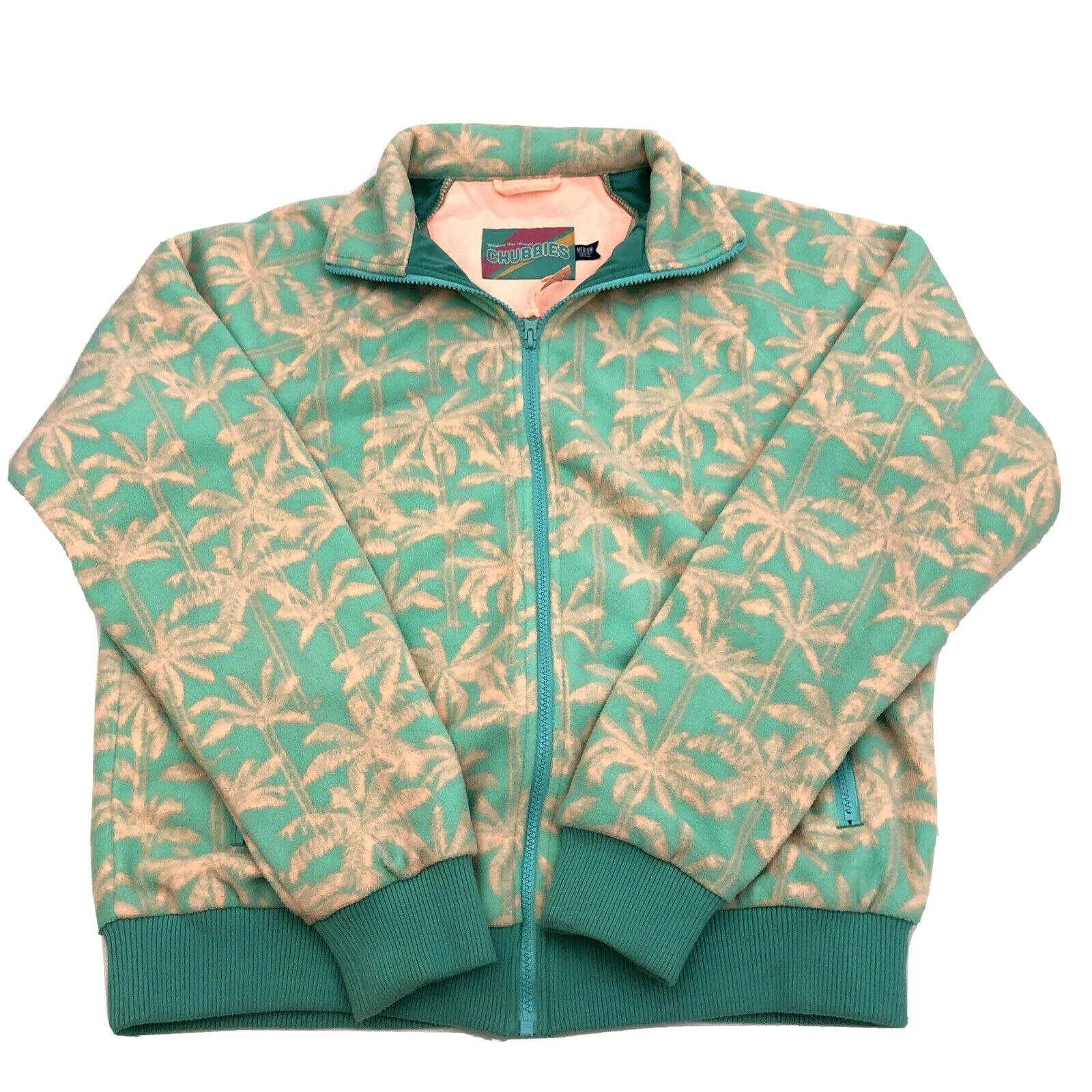 Chubbies Fleece Jacket Zip Up Tropical Palms Teal Green Yellow Unisex Sz Medium
