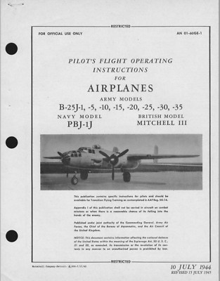 121 Page 1944-45 B-25 B-25J PBJ-1J Mitchell III AN 01-60GE-1 Flight Manual on CD