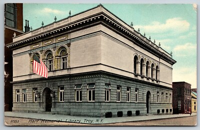 #ad Hart Memorial Library Troy New York Exterior View w Flat Posted 1914 Postcard $4.99